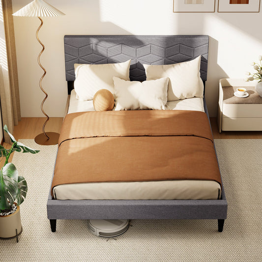 Twin/Full/Queen Size Bed Frame Modern Platform Bed with Linen Fabric Upholstered Headboard - Tampa Home & Garden Store