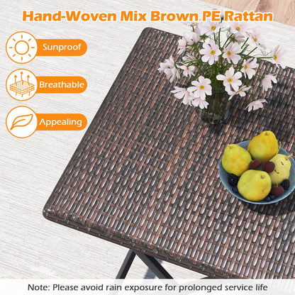 3 Piece Rattan Bistro Set Outdoor Folding Dining Table and Chairs with Wicker Seat