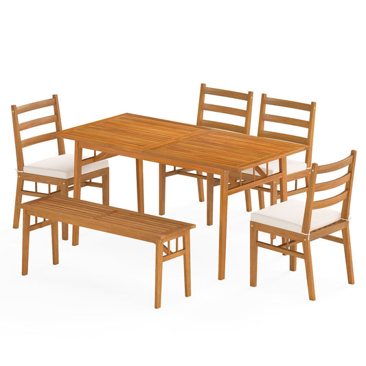 6 Pieces Patio Acacia Wood Dining Set with Bench Rectangular Table and Chairs - Tampa Home & Garden Store