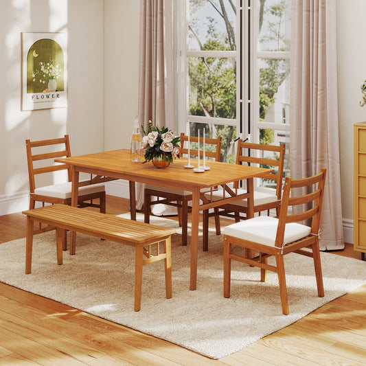 6 Pieces Patio Acacia Wood Dining Set with Bench Rectangular Table and Chairs - Tampa Home & Garden Store
