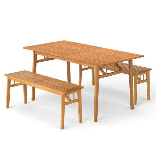 3 Pieces Patio Dining Set Acacia Wood Outdoor Rectangular Picnic Table and 2 Benches - Tampa Home & Garden Store