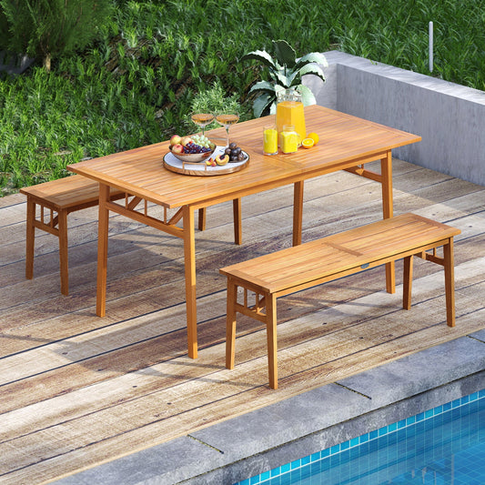 3 Pieces Patio Dining Set Acacia Wood Outdoor Rectangular Picnic Table and 2 Benches - Tampa Home & Garden Store