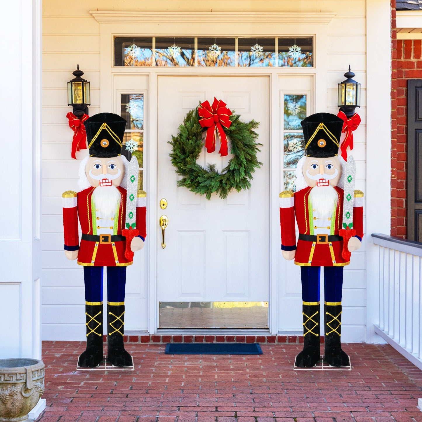 Set of 2 5 ft outdoor Christmas Nutcrackers with glitter swords in red uniforms DirectDeals on Tampa Home & Garden Store