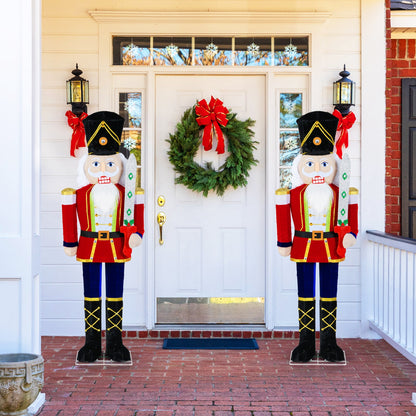 Set of 2 5 ft outdoor Christmas Nutcrackers with glitter swords in red uniforms DirectDeals on Tampa Home & Garden Store