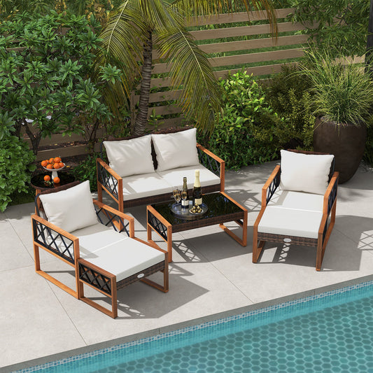 7 Pieces Patio Furniture Set PE Wicker Acacia Wood Outdoor Conversation Set - Tampa Home & Garden Store