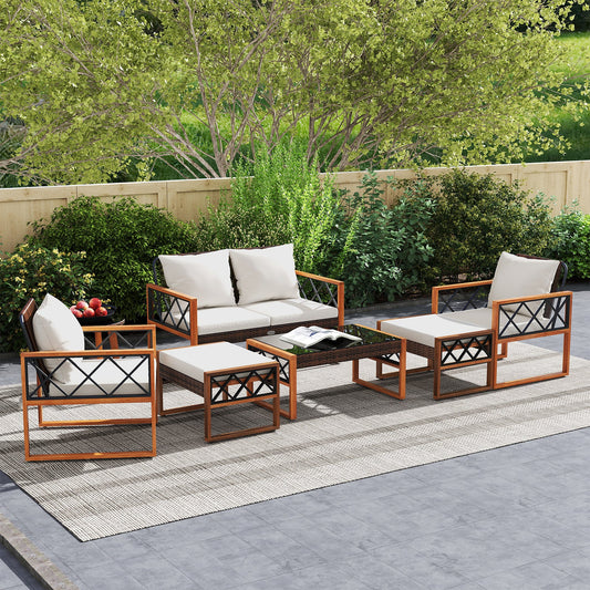 7 Pieces Patio Furniture Set PE Wicker Acacia Wood Outdoor Conversation Set - Tampa Home & Garden Store