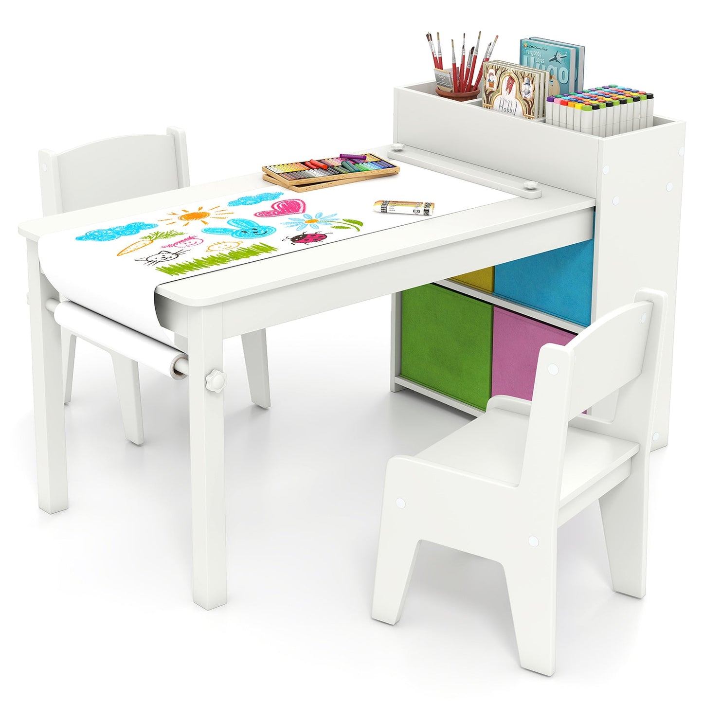 Kids Art Table and Chairs Set with 2 Chairs and Paper Roll - Tampa Home & Garden Store