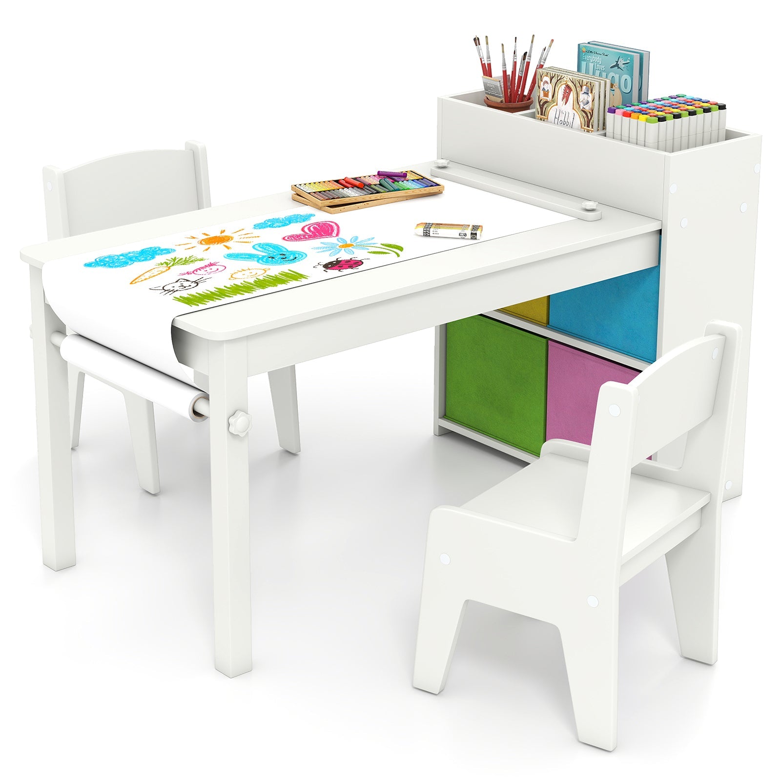 Kids Art Table and Chairs Set with 2 Chairs and Paper Roll - Tampa Home & Garden Store