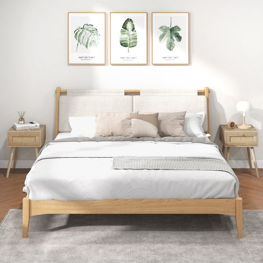 Set of 2 Modern Rattan Nightstand with Drawer and Solid Wood Legs for Bedroom and Living Room-Oak - Tampa Home & Garden Store