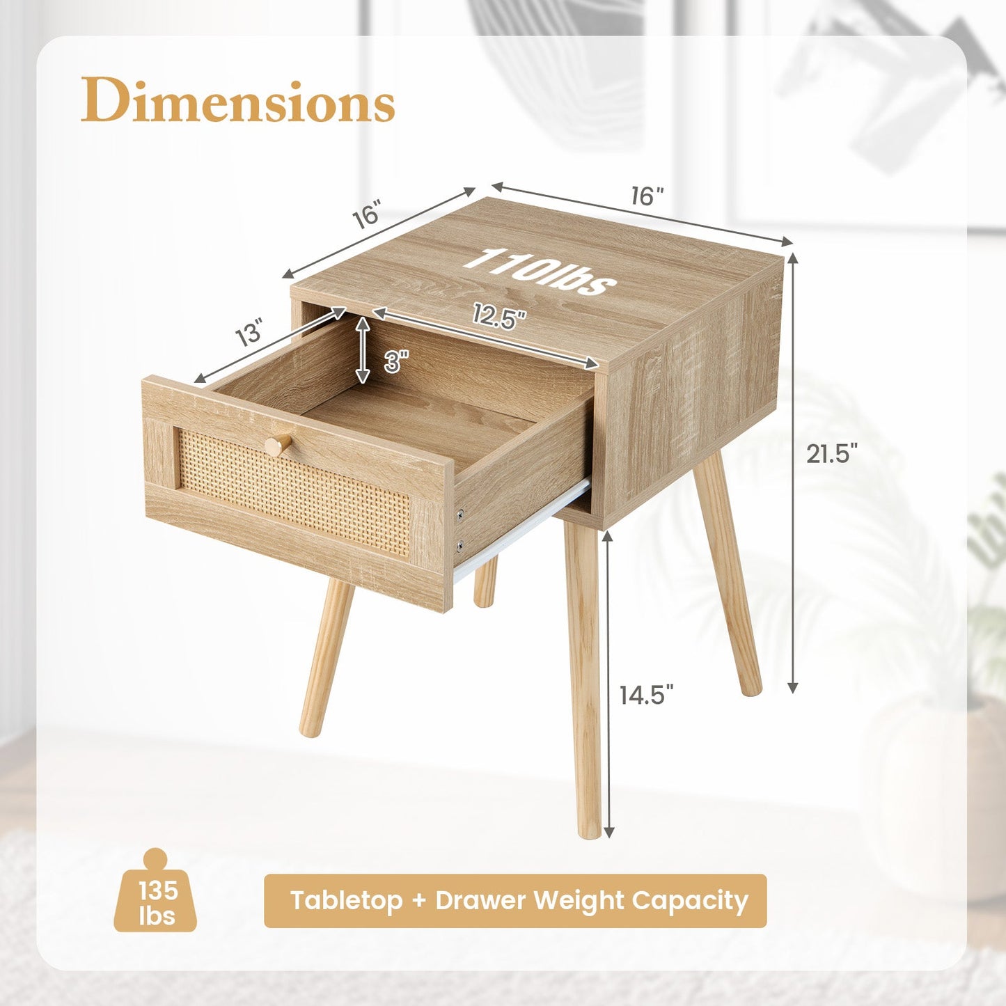 Set of 2 Modern Rattan Nightstand with Drawer and Solid Wood Legs for Bedroom and Living Room-Oak