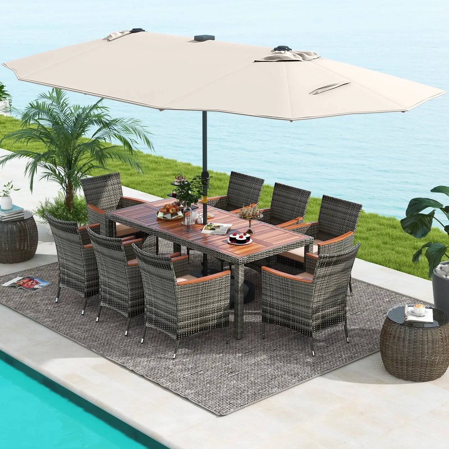 11 Pieces Patio Dining Set With Umbrella Base