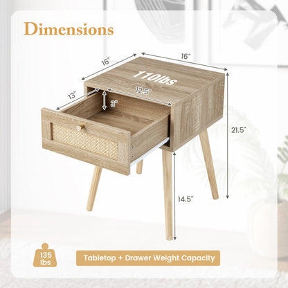 Modern 3-Piece Bedroom Furniture Set with Upholstered Queen Bed 2 Rattan Nightstands and 3-Globe Floor Lamp