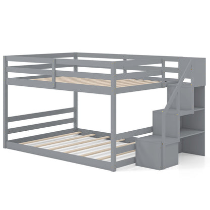 Litera doble de madera maciza, baja, con escaleras de almacenamiento - Blanco