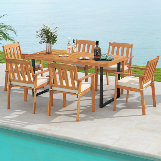 7 Pieces Patio Dining Table Set 63‚Äù Rectangle Table and 6 Acacia Wood Armchairs - Tampa Home & Garden Store