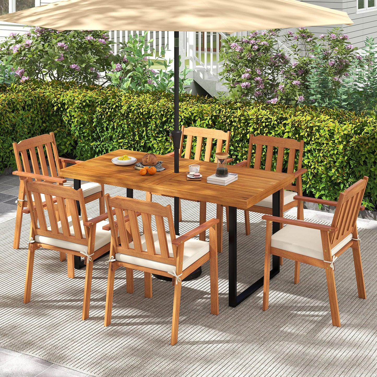 7 Pieces Patio Dining Table Set 63‚Äù Rectangle Table and 6 Acacia Wood Armchairs