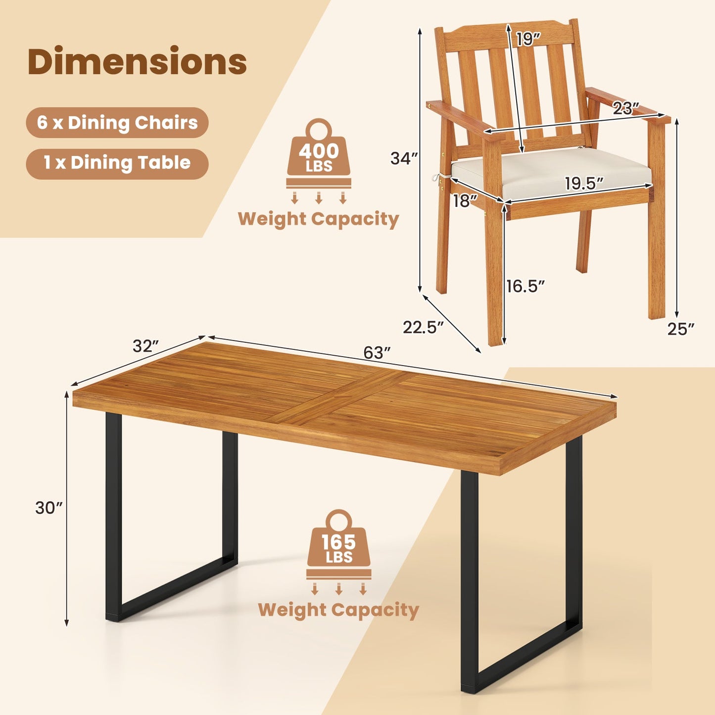 7 Pieces Patio Dining Table Set 63‚Äù Rectangle Table and 6 Acacia Wood Armchairs