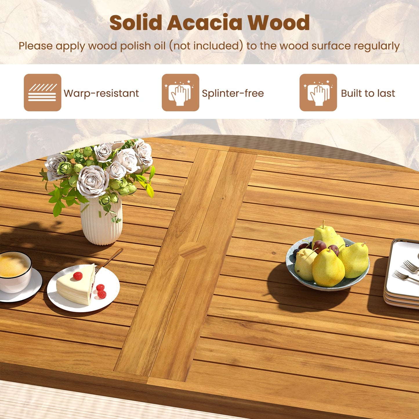 7 Pieces Patio Dining Table Set 63‚Äù Rectangle Table and 6 Acacia Wood Armchairs