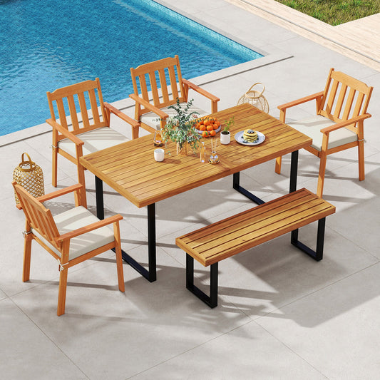 6 Pieces Patio Dining Table Set 63‚Äù Rectangle Table with 4 Acacia Wood Armchairs and Backless Bench - Tampa Home & Garden Store