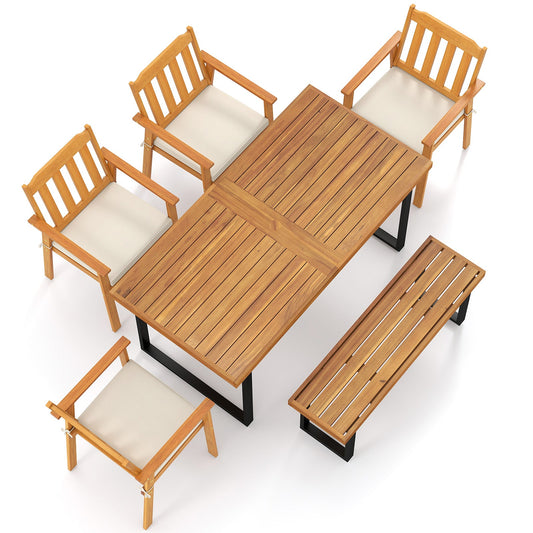 6 Pieces Patio Dining Table Set 63‚Äù Rectangle Table with 4 Acacia Wood Armchairs and Backless Bench - Tampa Home & Garden Store