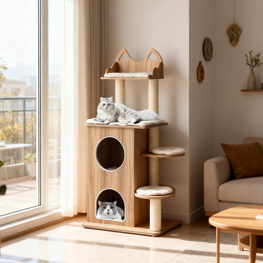 48 Inch Wooden Cat Tree with 2-Floor Condo and Washable Cushions-Natural - Tampa Home & Garden Store