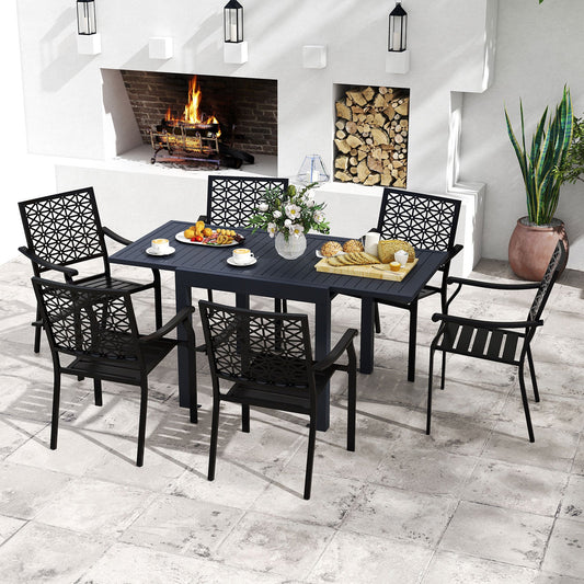 Patio Rectangular Aluminum Table and Stackable Armchairs Set with Slatted Tabletop and Seats - Tampa Home & Garden Store