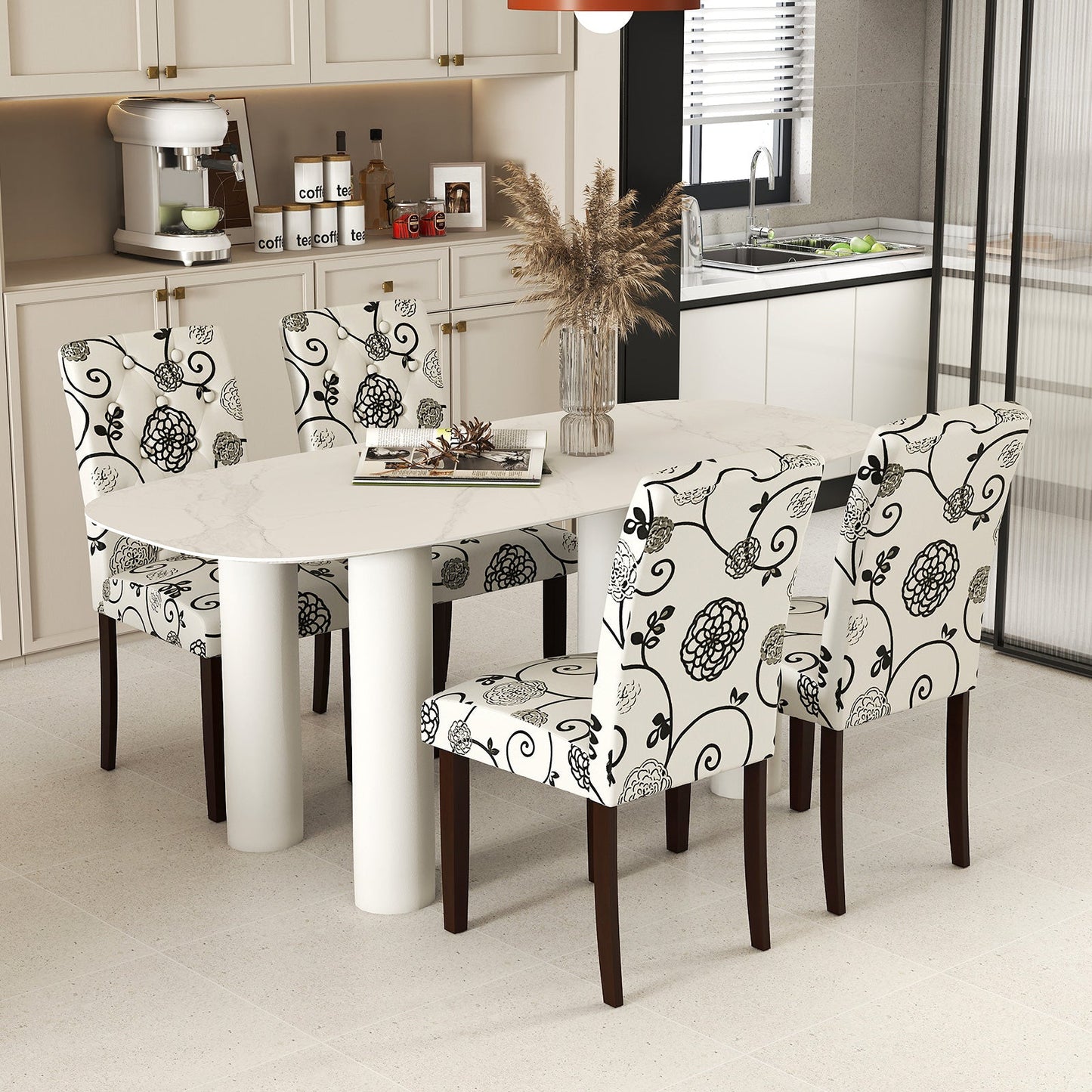 Button Tufted Fabric Upholstered Wooden Dining Chair Set of 2 with High Curved Back