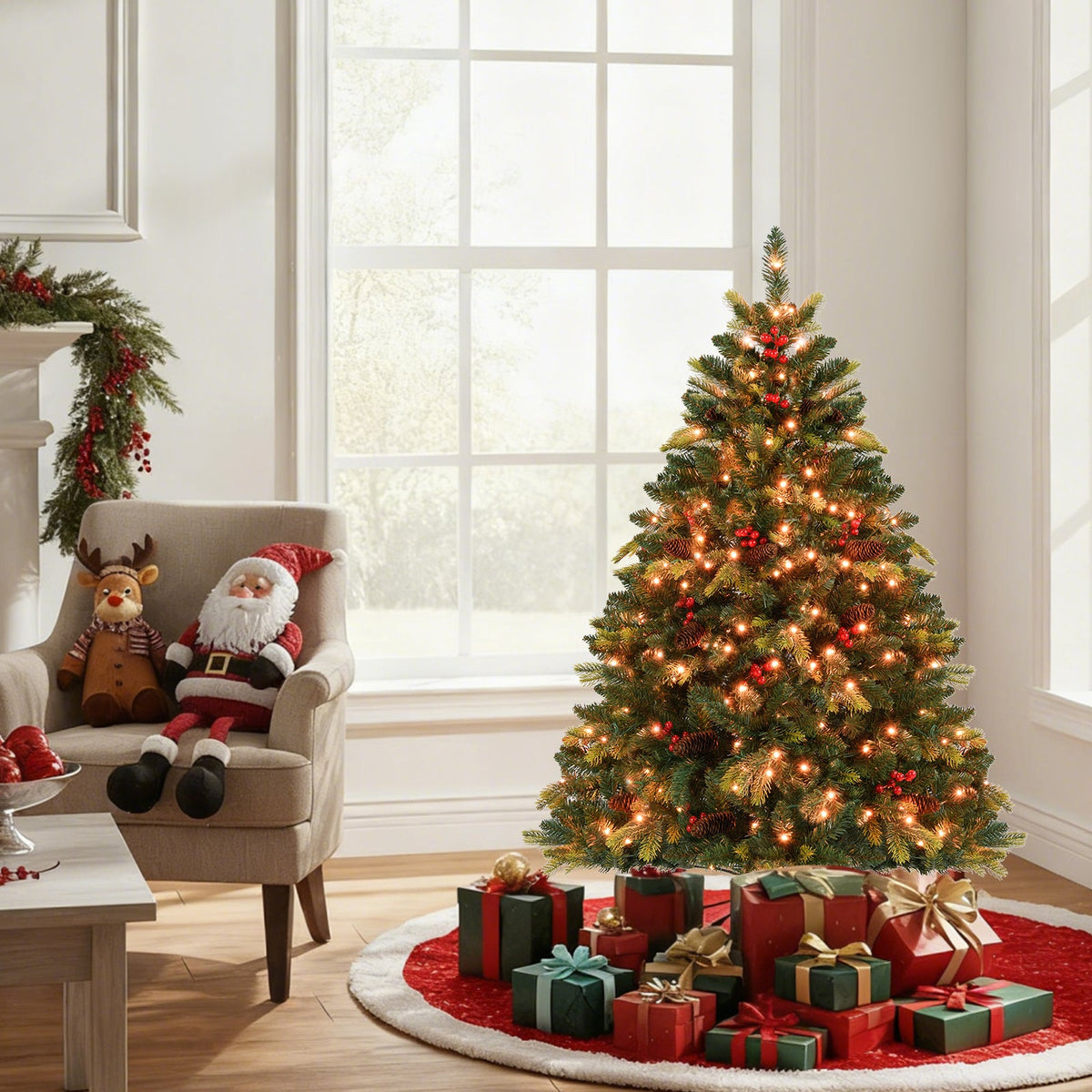 5/6/7/8 ft artificial Christmas tree with LED lights and app remote in a festive living room on Tampa Home & Garden Store