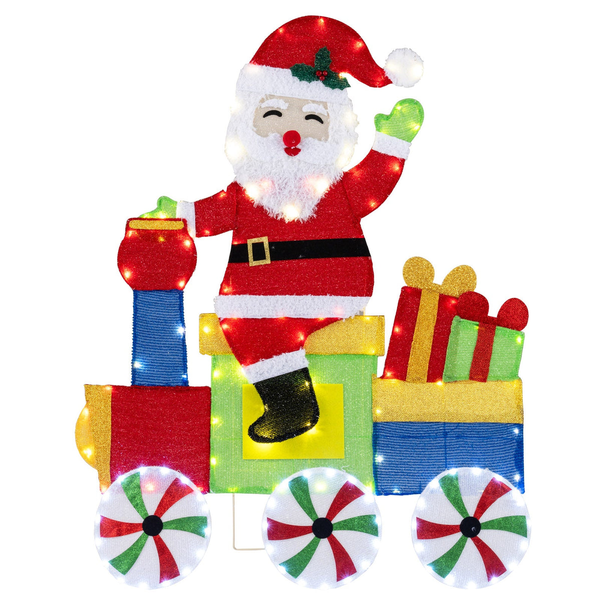 Lighted Santa on Train Christmas decoration with LED lights red suit, gifts, and 3 candy wheels on Tampa Home & Garden Store