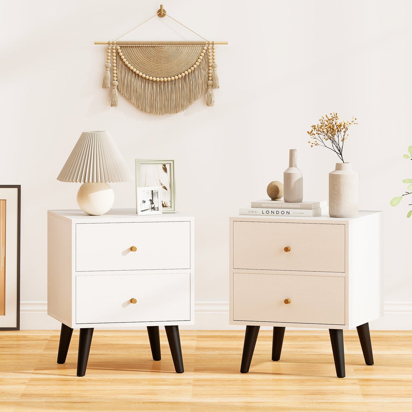 Nightstand Set of 2 Mid Century Modern Bedside Table with Golden Knobs and Raised Support Legs - Tampa Home & Garden Store