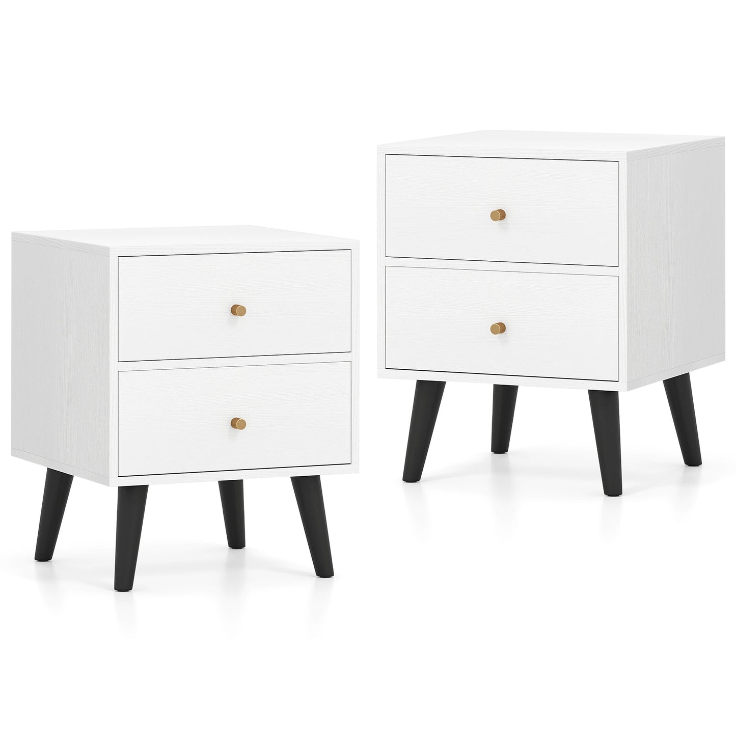 Nightstand Set of 2 Mid Century Modern Bedside Table with Golden Knobs and Raised Support Legs - Tampa Home & Garden Store