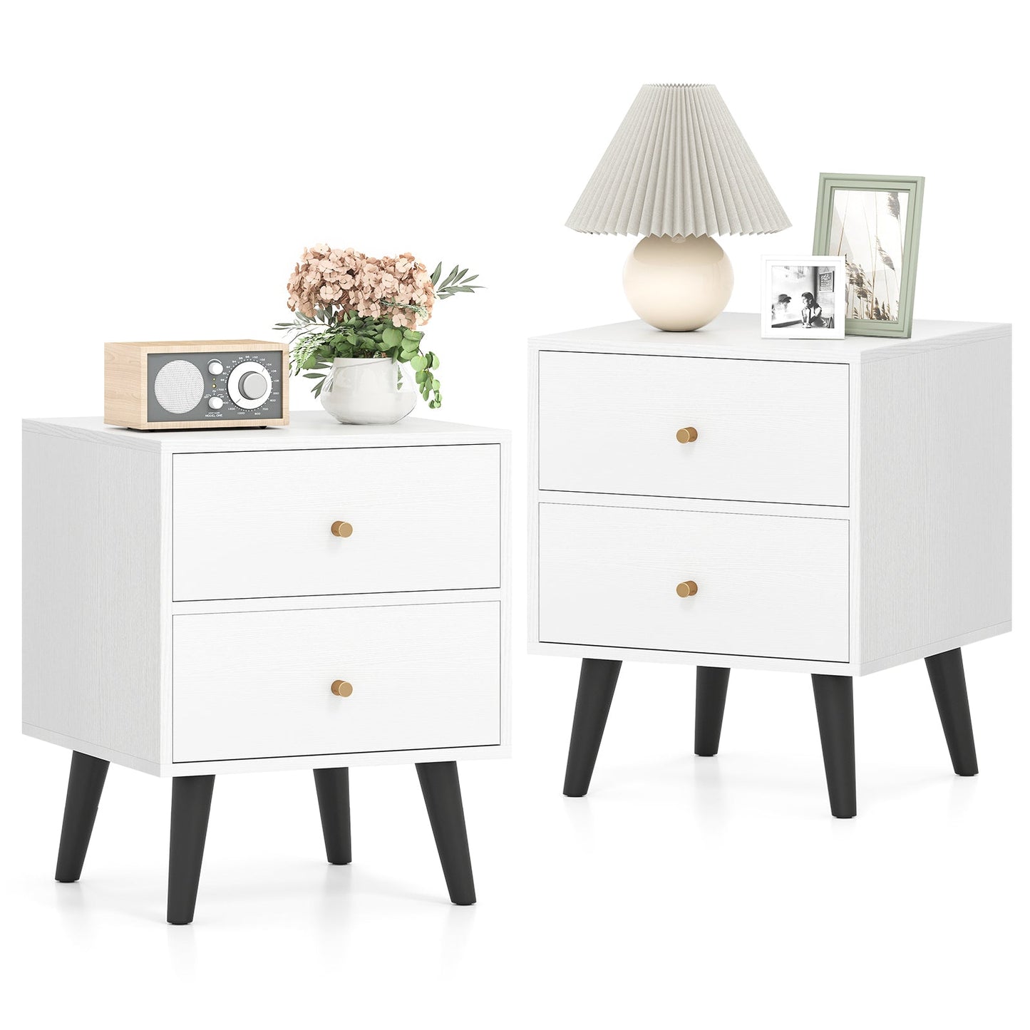 Nightstand Set of 2 Mid Century Modern Bedside Table with Golden Knobs and Raised Support Legs - Tampa Home & Garden Store