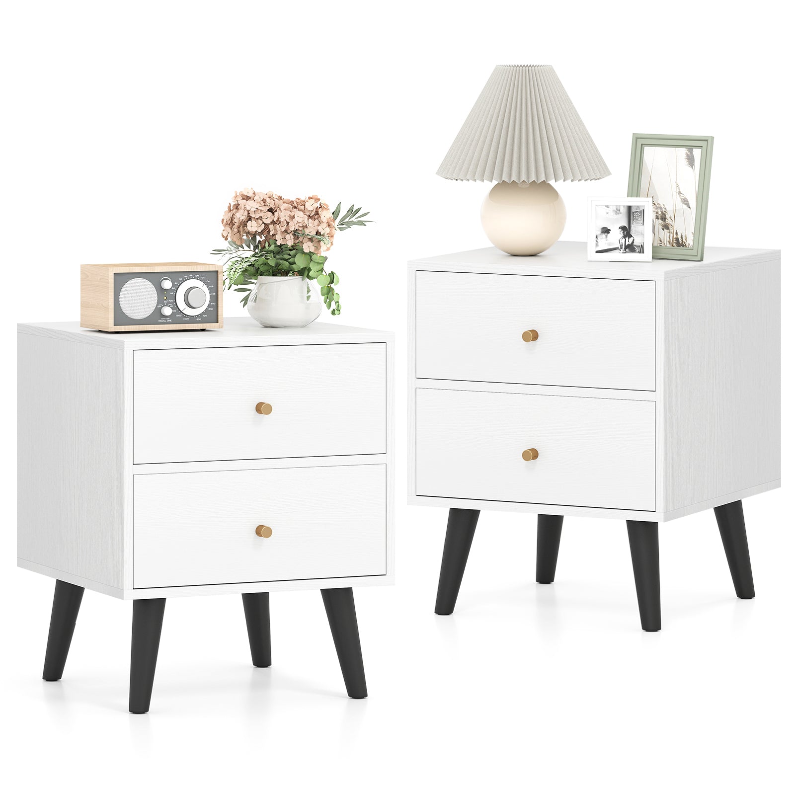 Nightstand Set of 2 Mid Century Modern Bedside Table with Golden Knobs and Raised Support Legs - Tampa Home & Garden Store