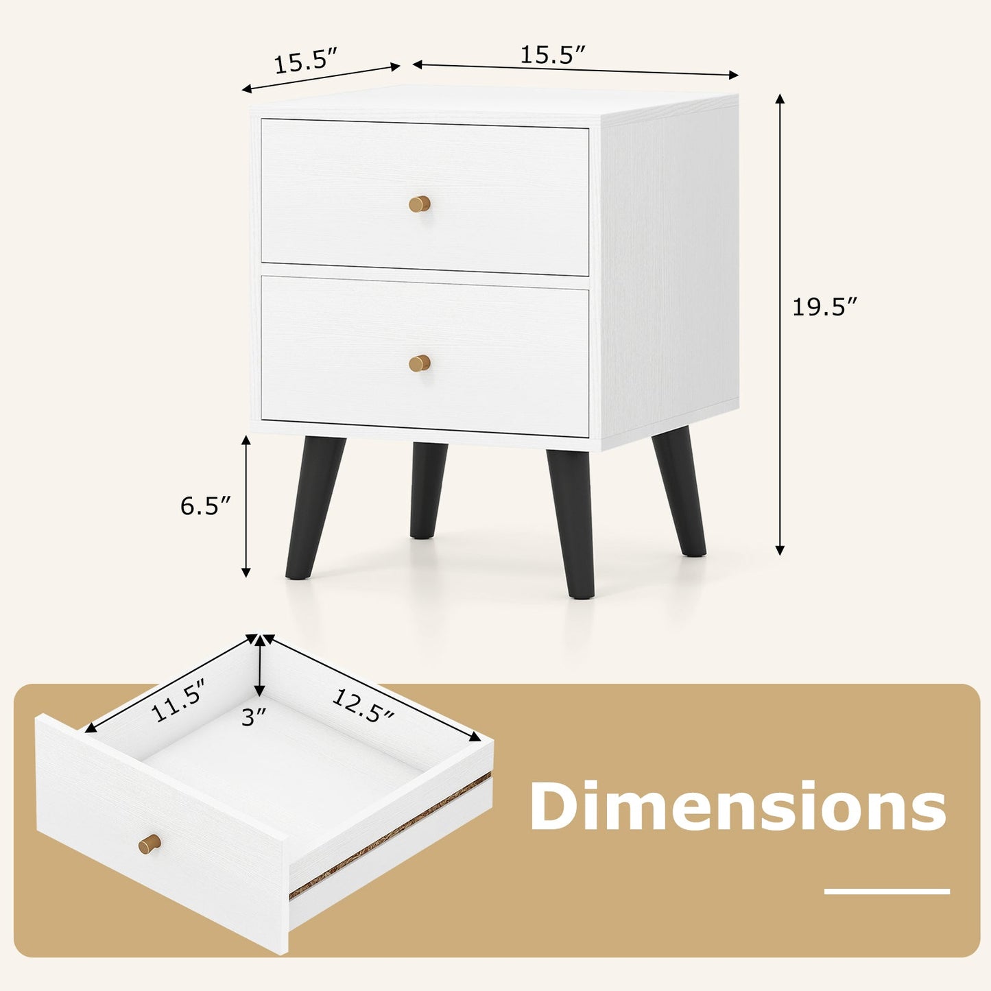 Nightstand Set of 2 Mid Century Modern Bedside Table with Golden Knobs and Raised Support Legs - Tampa Home & Garden Store