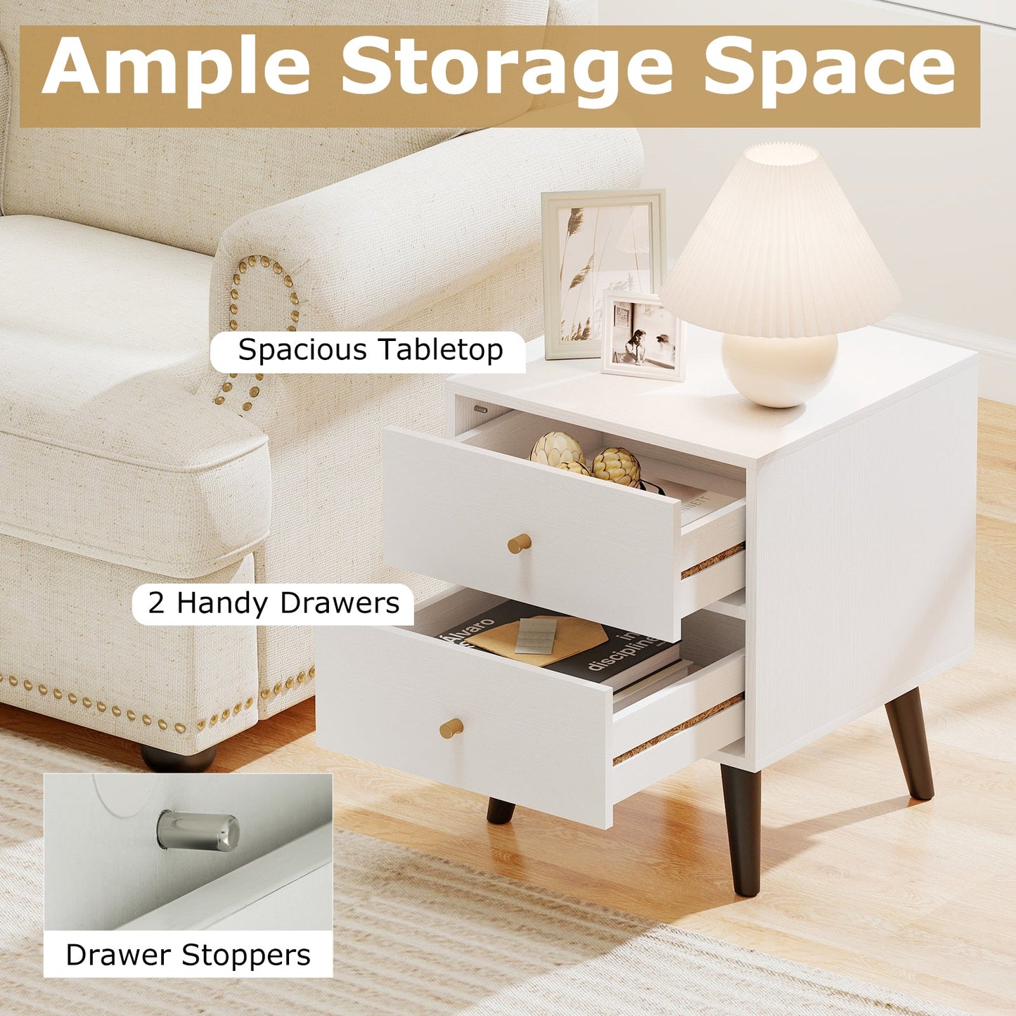 Nightstand Set of 2 Mid Century Modern Bedside Table with Golden Knobs and Raised Support Legs - Tampa Home & Garden Store
