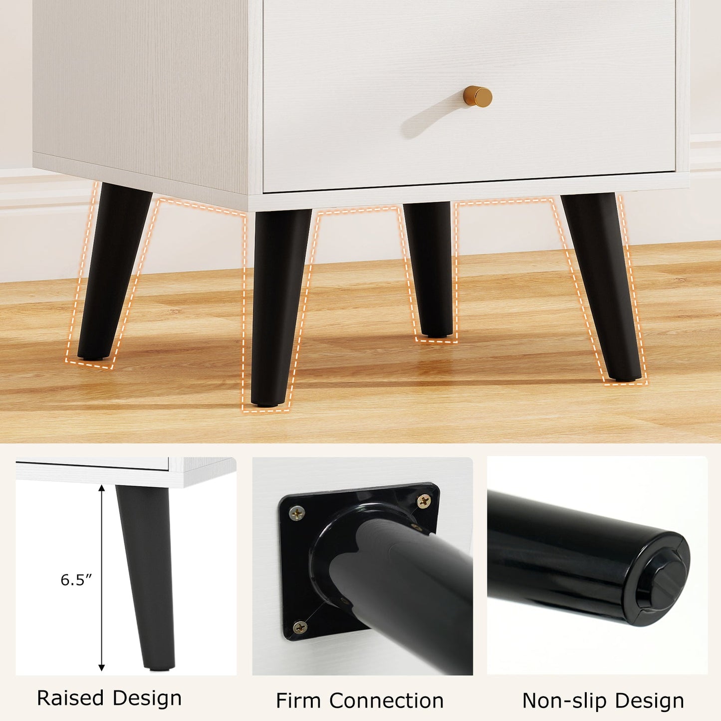 Nightstand Set of 2 Mid Century Modern Bedside Table with Golden Knobs and Raised Support Legs - Tampa Home & Garden Store