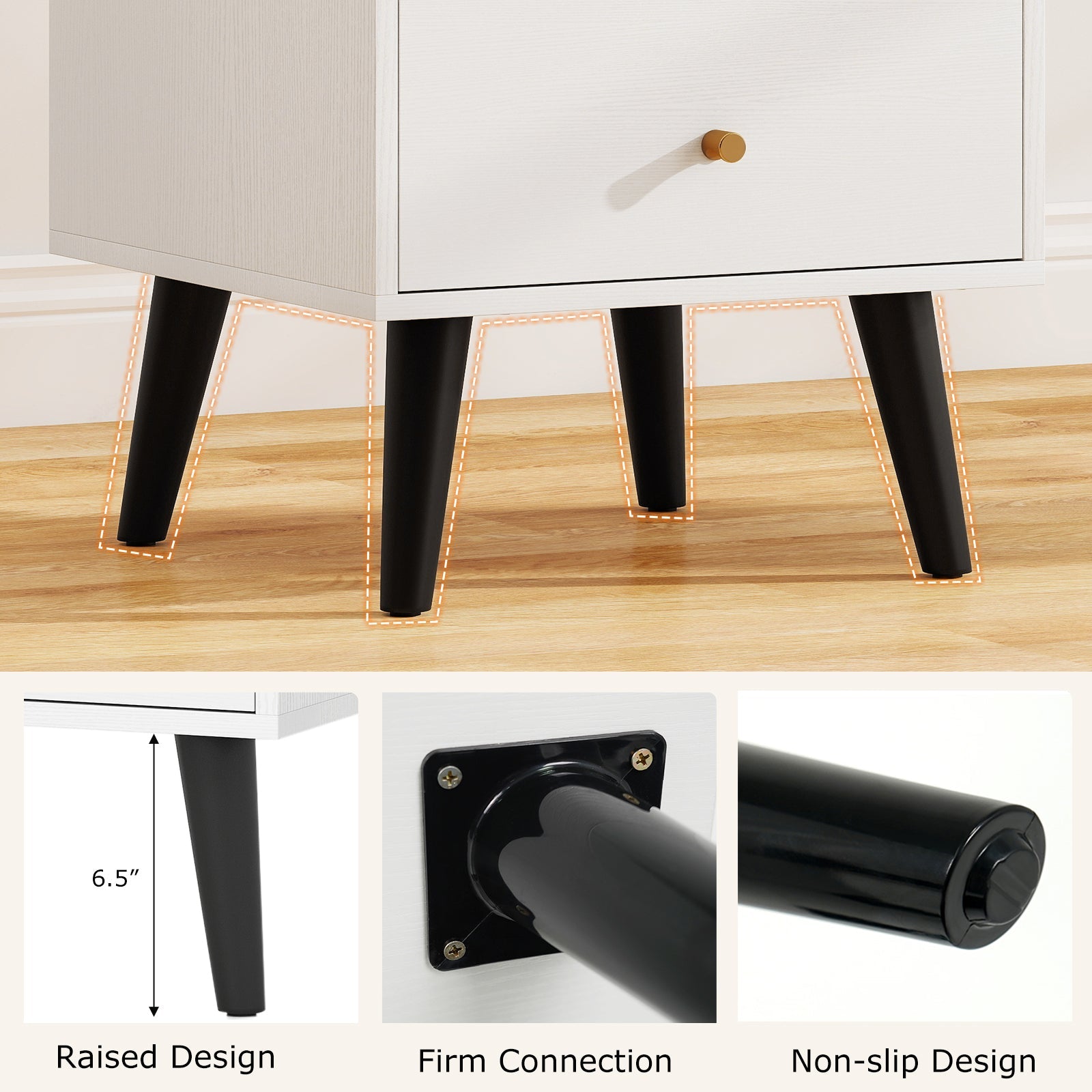 Nightstand Set of 2 Mid Century Modern Bedside Table with Golden Knobs and Raised Support Legs - Tampa Home & Garden Store