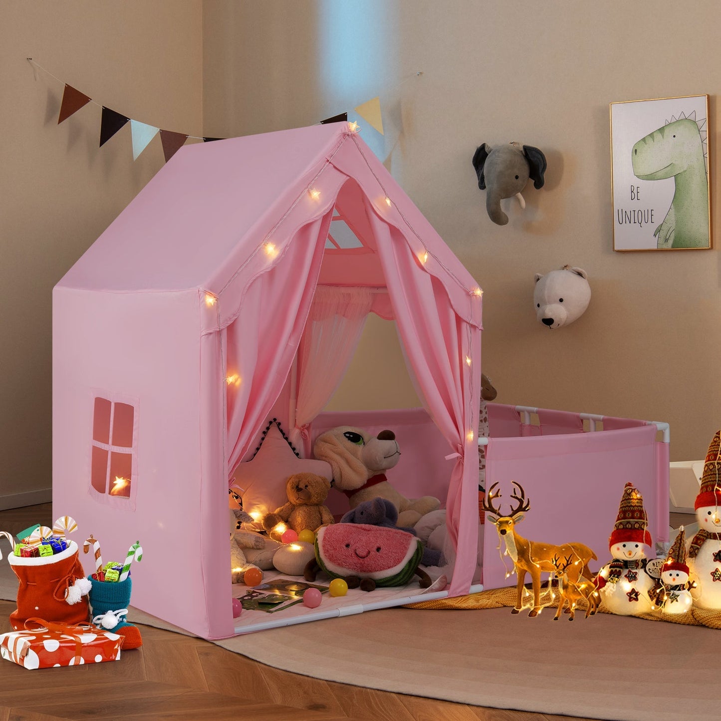 GemGear Kids Play Tent with Playpen 2-in-1 pink playhouse with yard and string lights on Tampa Home & Garden Store