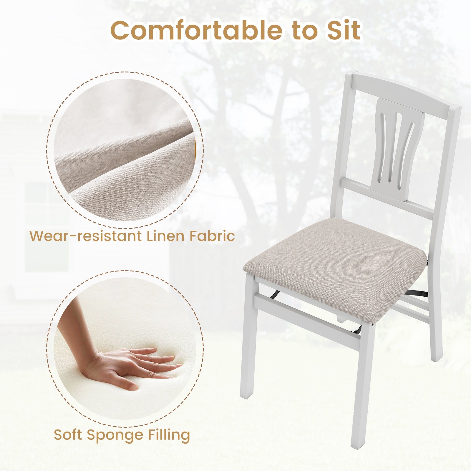 Folding Kitchen Chairs set of 4, white frames with beige linen padded seats DirectDeals on Tampa Home & Garden Store