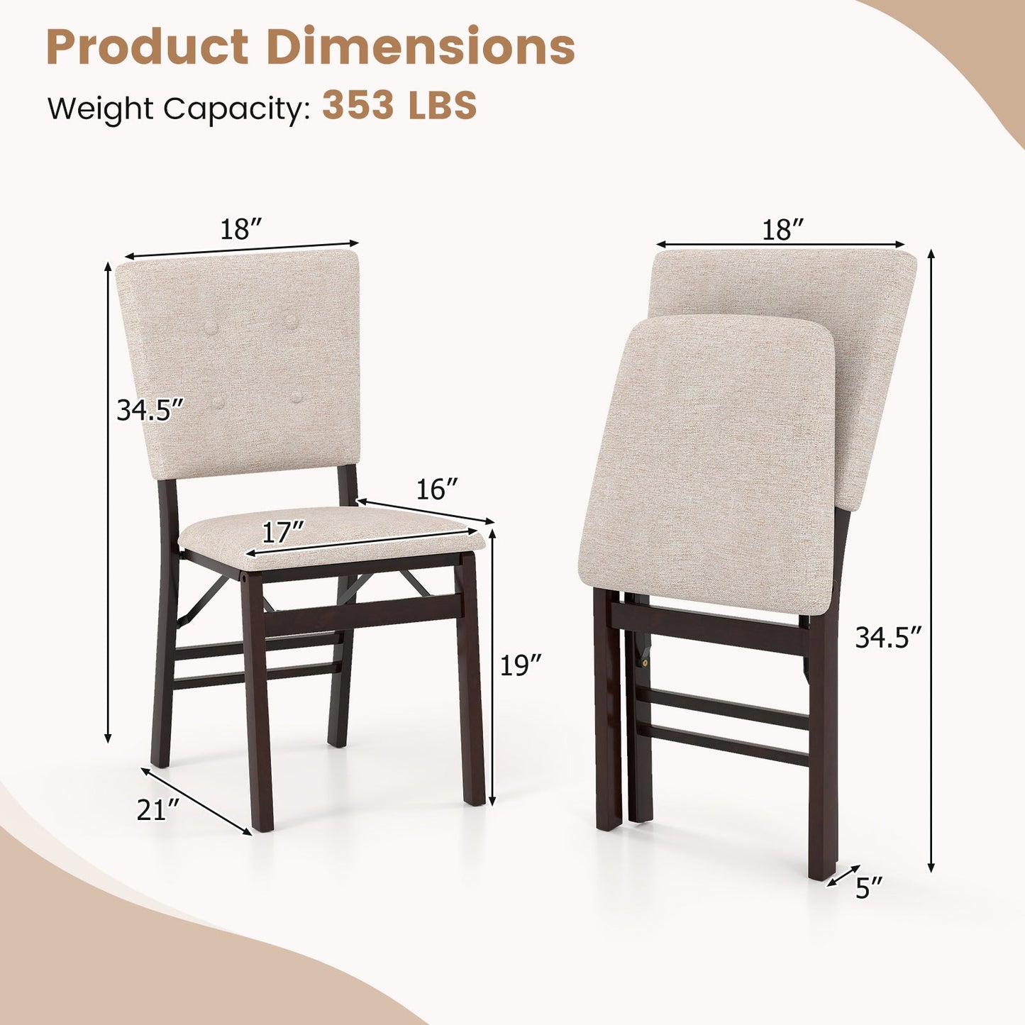 Foldable Dining Chair Set of 4 Armless Kitchen Chair with Padded Seat and Tilt Backrest - Tampa Home & Garden Store