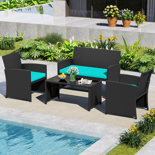 4 Pieces Patio Furniture Set with Tempered Glass Tabletop and Removable Cushion - Tampa Home & Garden Store