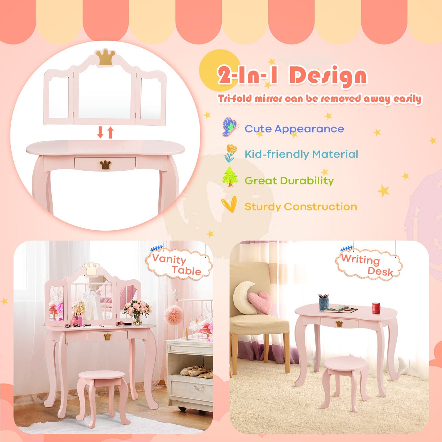 Kids Vanity Set + Kids Jewelry Armoire with Full-Length Mirror with Drawer