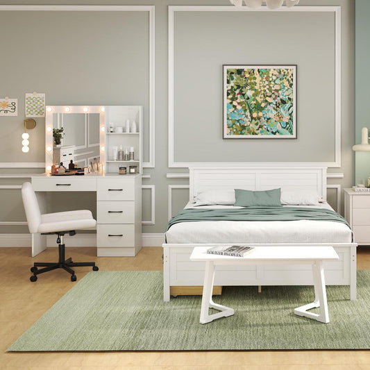 Juego de muebles de dormitorio de 4 piezas con estructura de cama doble, banco de entrada, tocador y joyero