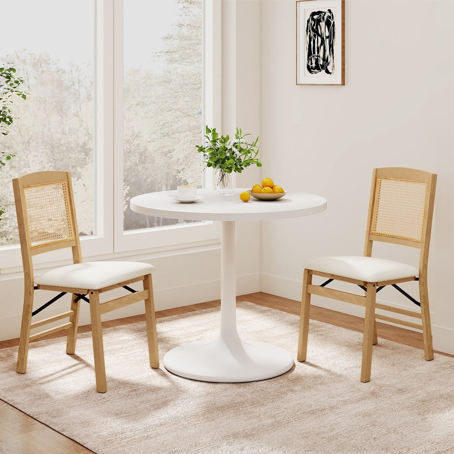 Folding Dining Chairs Set of 2 Rubber Wood Chairs with Linen Padded Seat