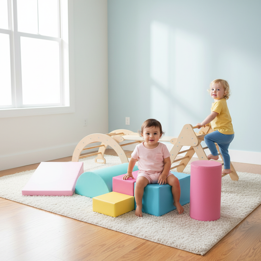 7-in-1 Pikler Triangle Set with 6-Piece Foam Blocks for Toddlers Indoor Playground - Tampa Home & Garden Store