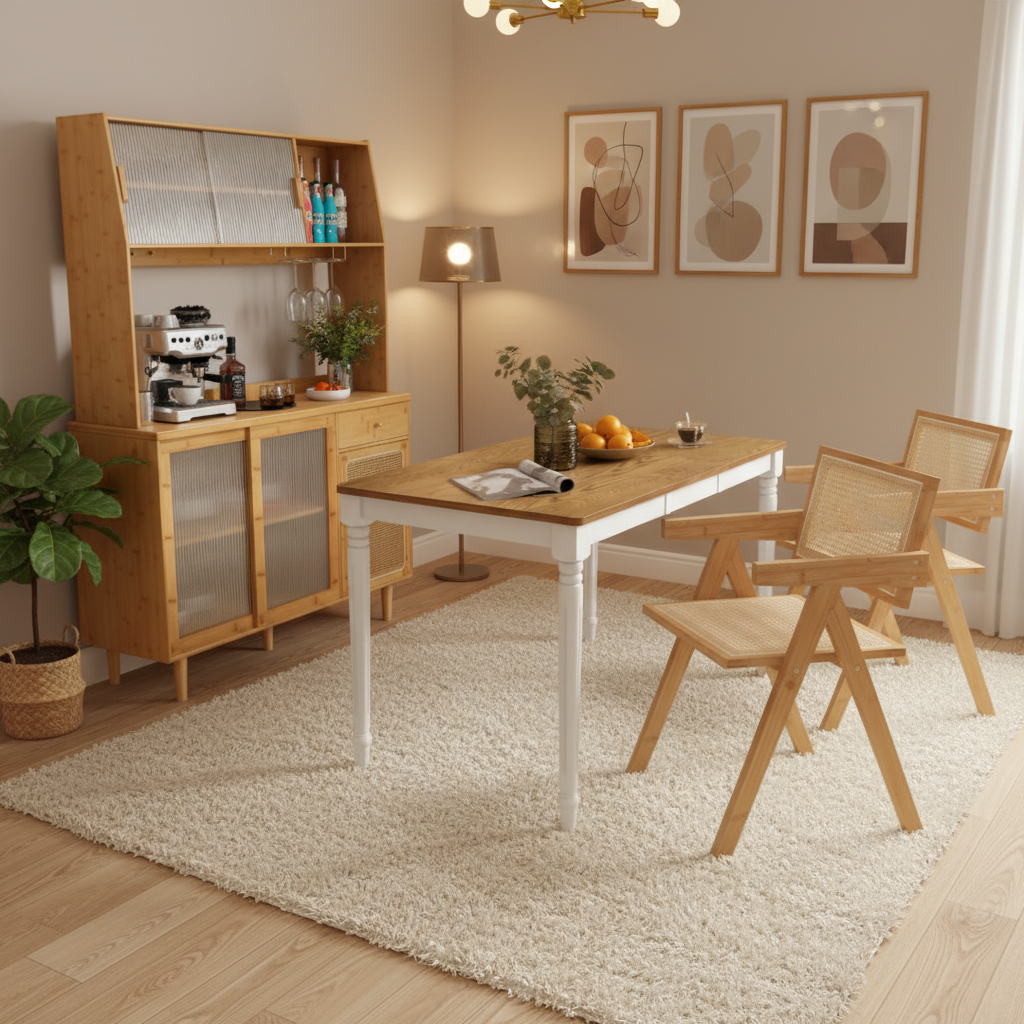 Kitchen Dining Set with Extendable Table 2 Rattan Accent Chairs and Kitchen Cabinet