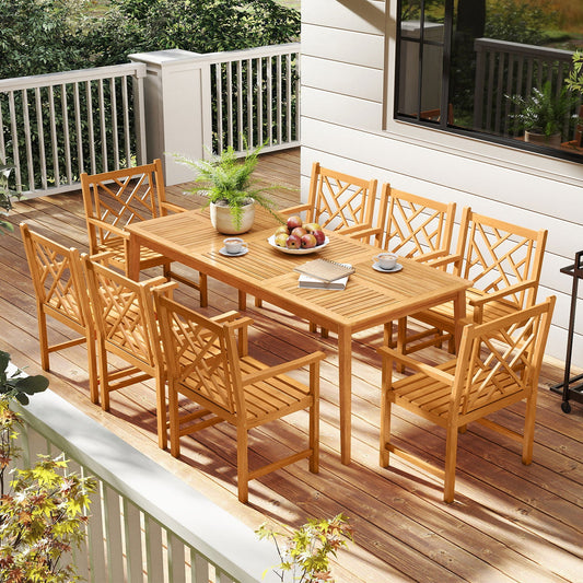 9-Pieces Patio Dining Table Set Wood Rectangular Dining Table with 8 Chairs and Slatted Tabletop - Tampa Home & Garden Store