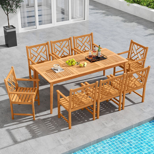 9-Pieces Patio Dining Table Set Wood Rectangular Dining Table with 8 Chairs and Slatted Tabletop - Tampa Home & Garden Store