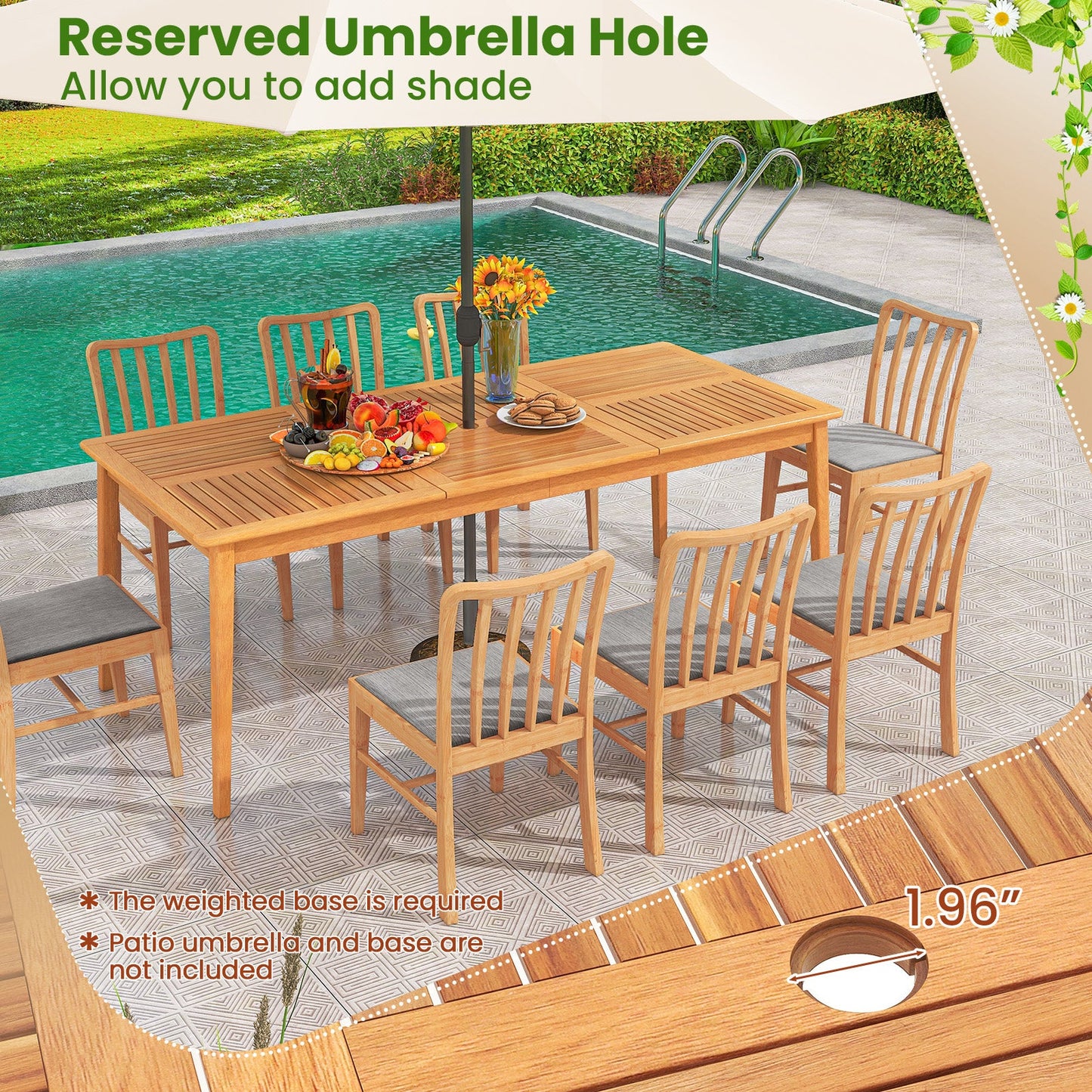 9-Pieces Patio Dining Table Set Wood Rectangular Dining Table with 8 Chairs and Slatted Tabletop