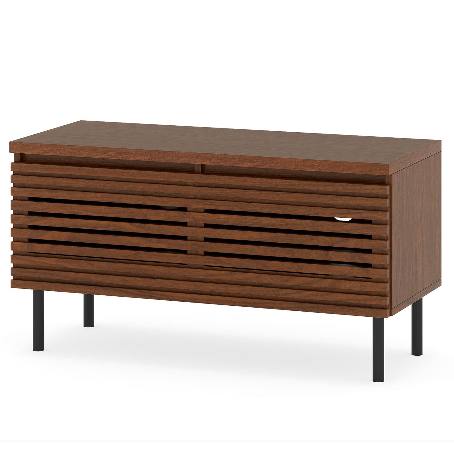 Mid Century Fluted TV Stand for 40" TV with 2 Hidden Compartments and Metal Legs-Walnut