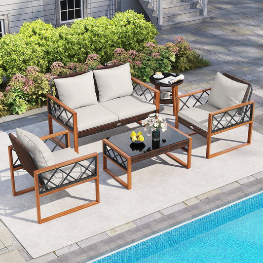 5 Pieces PE Wicker Patio Furniture Set with Acacia Wood Frame - Tampa Home & Garden Store